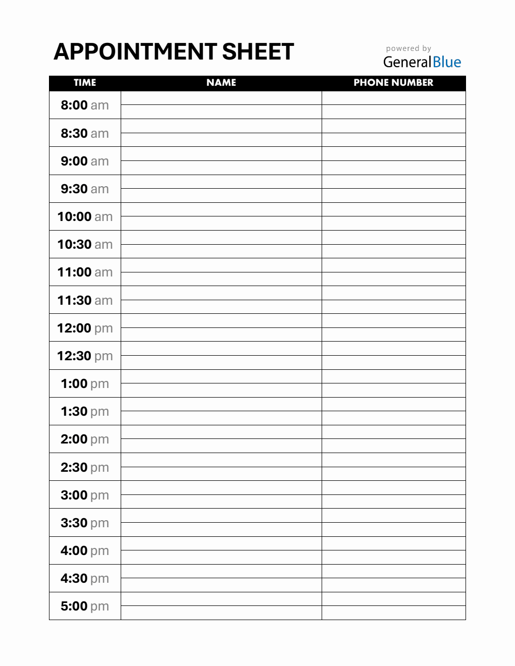 Free Downloadable Appointment Sheet PDF (30-Minute Interval Schedules)