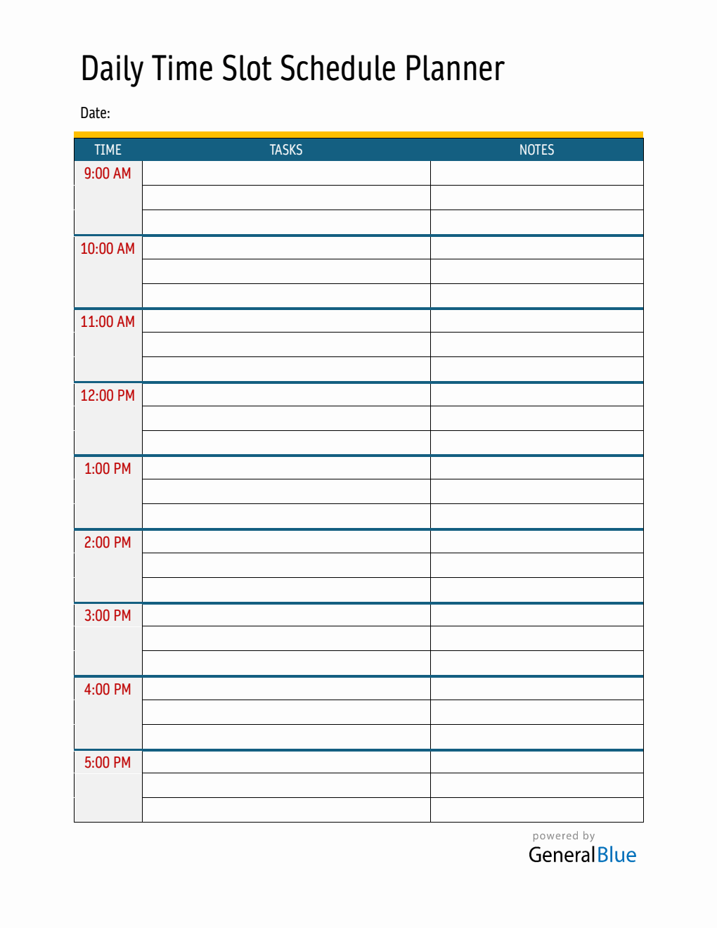 Daily Schedule Template Word with Time Slots (9Am To 5Pm)