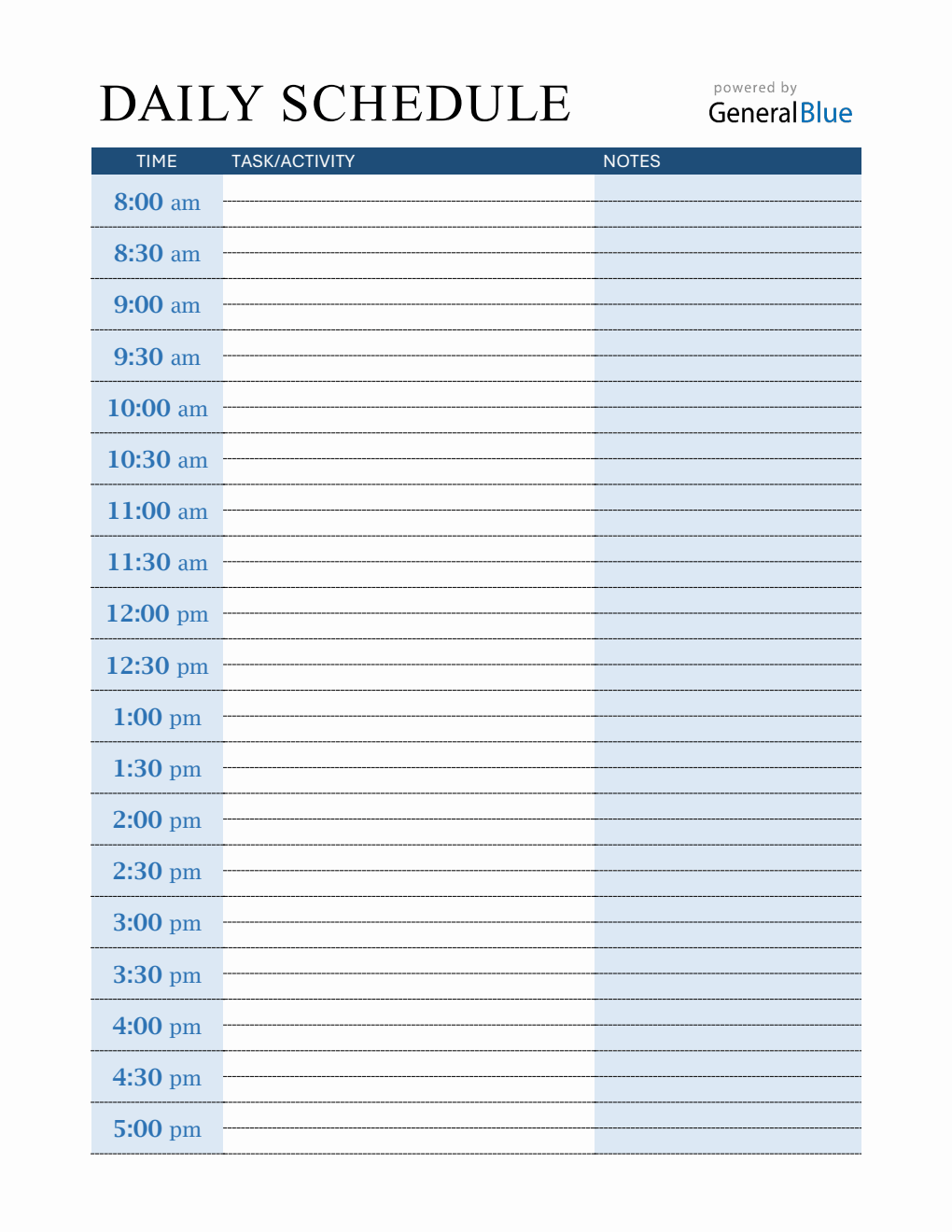 30 Min Interval Daily Schedule Template PDF