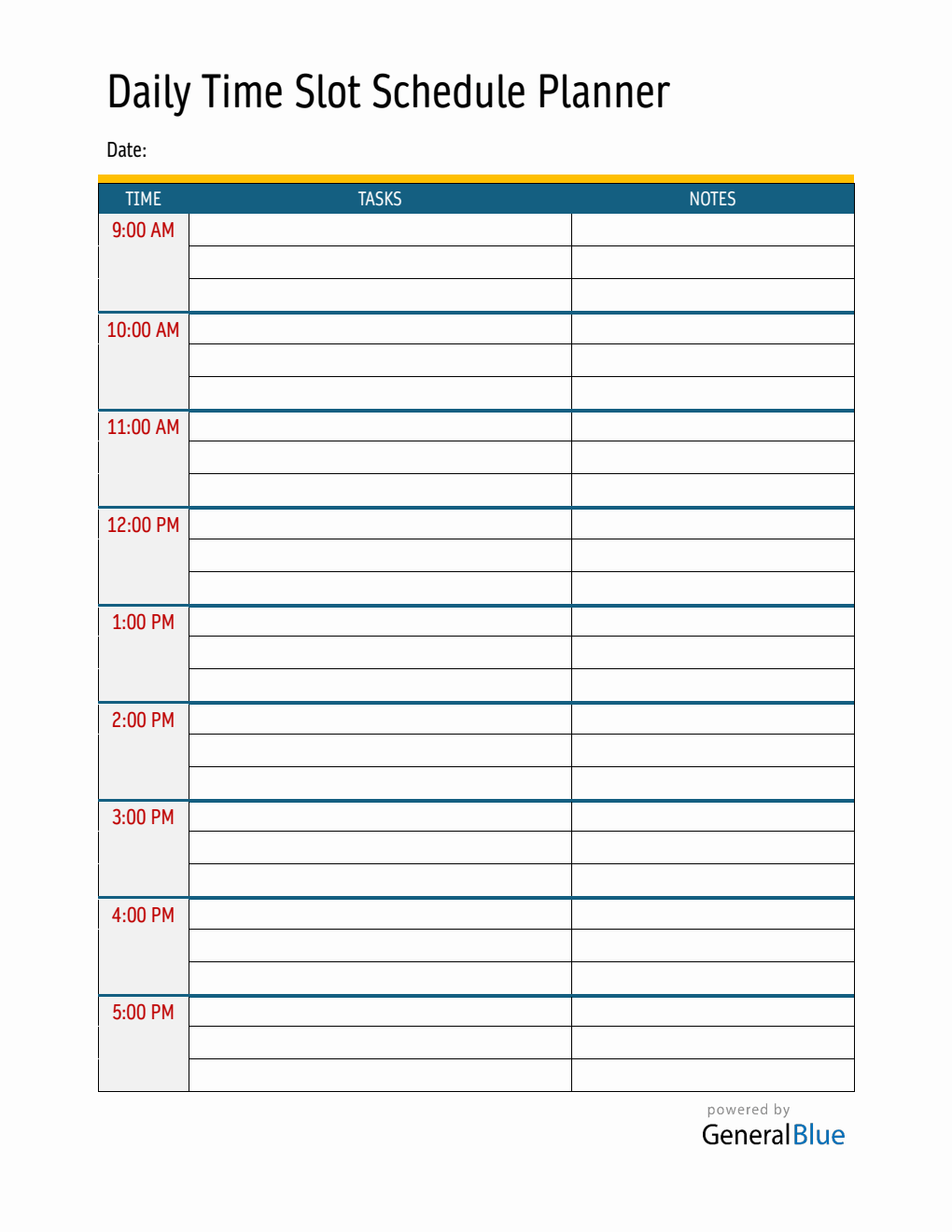 Daily Schedule Template PDF with Time Slots (9Am To 5Pm)