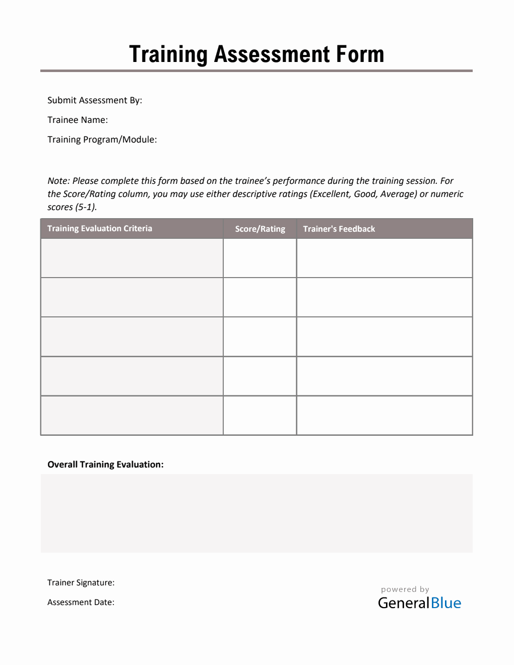 Editable Employee Training Assessment Form - Free Excel Download