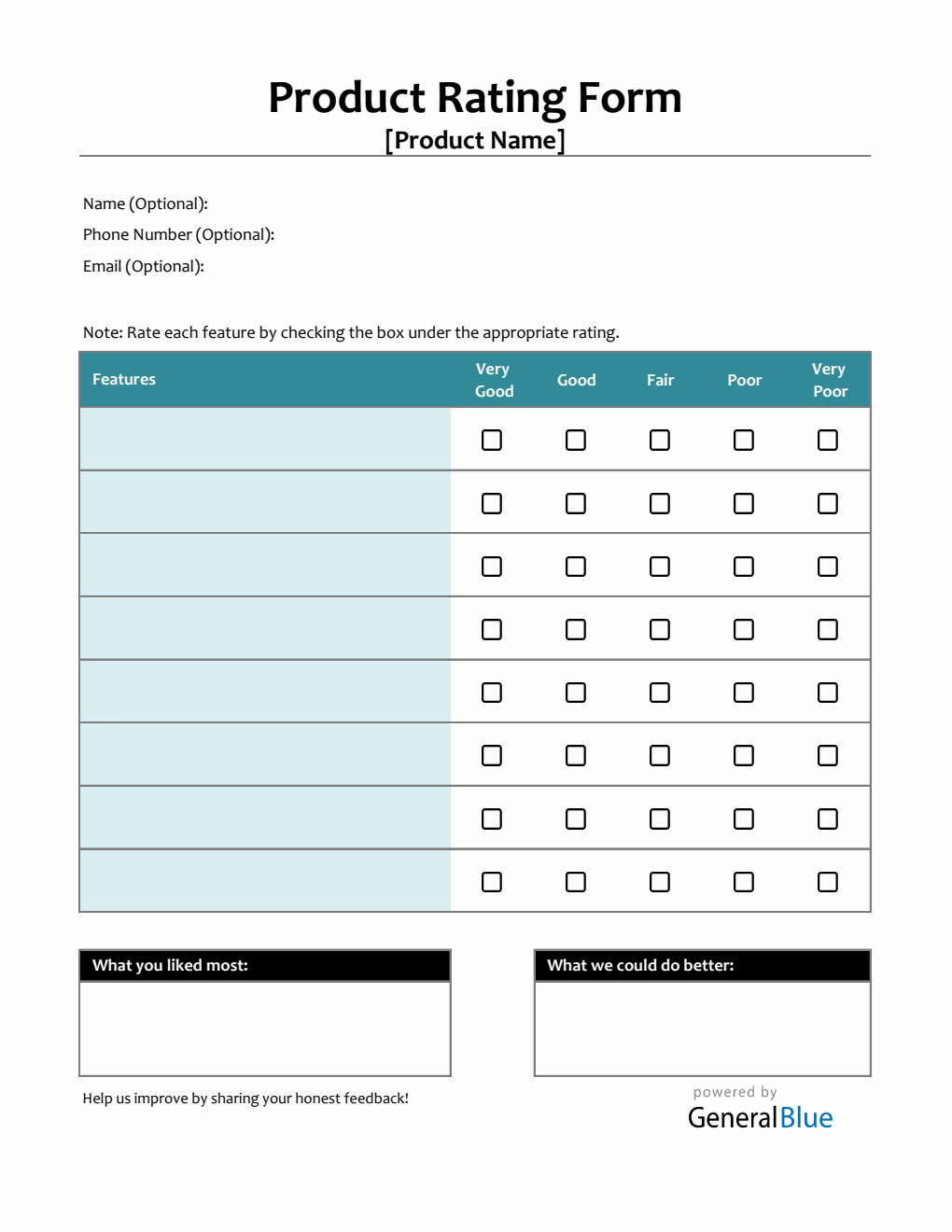 Product Review Form Excel (Portrait)