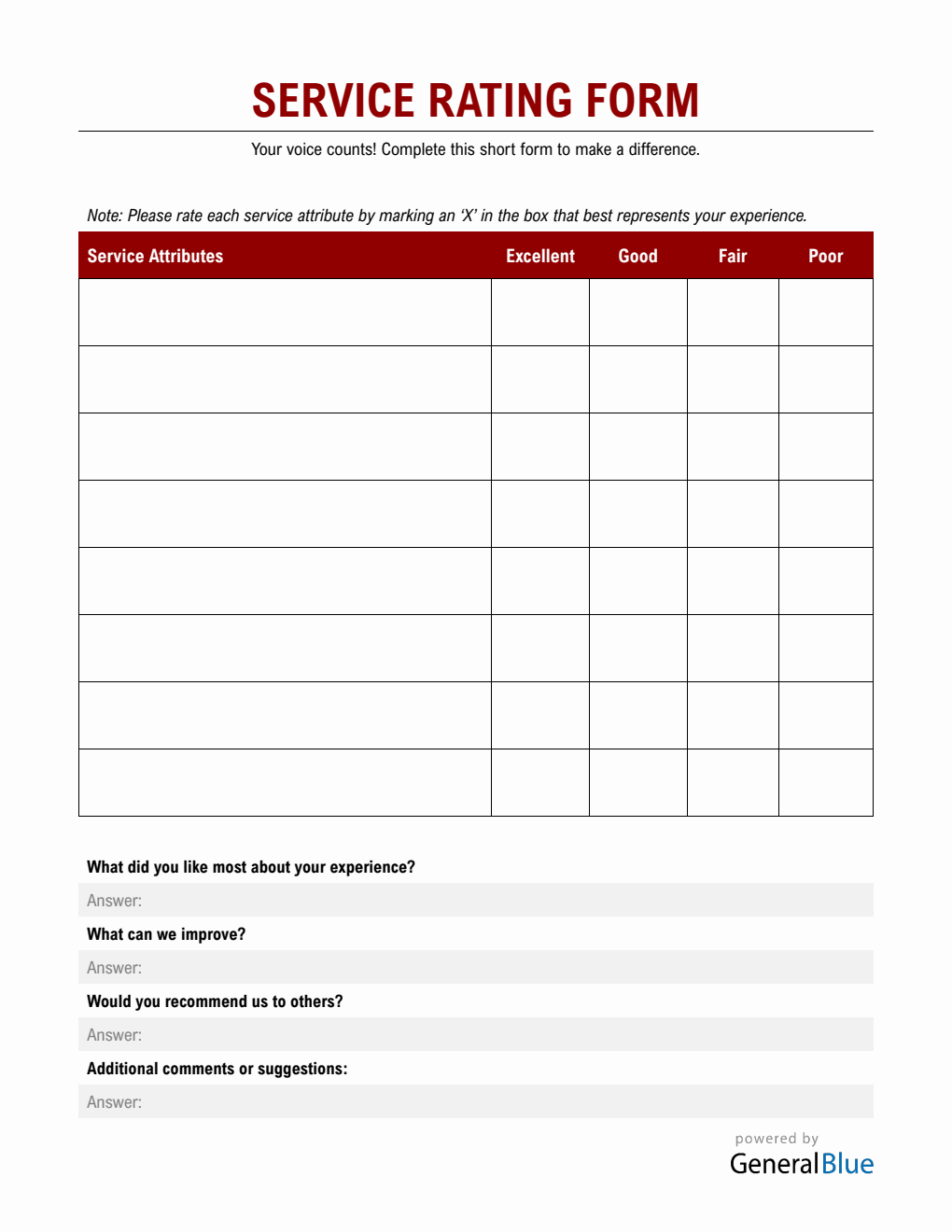 Service Rating Form in PDF (Portrait)