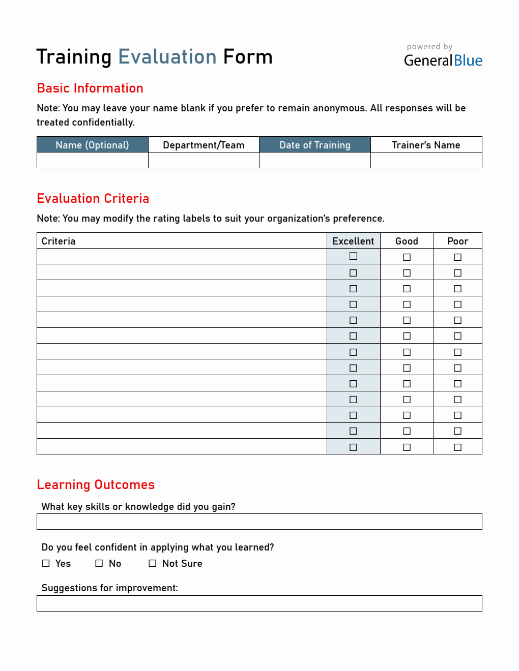 Downloadable Training Evaluation Form – Free Download in PDF