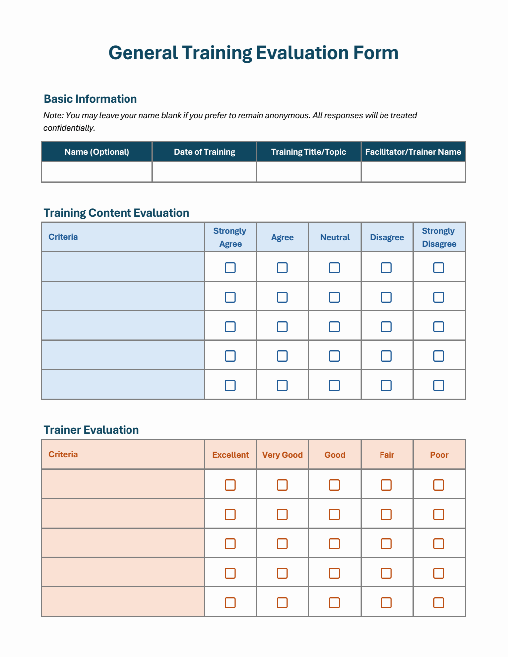 General Training Feedback Form Template Excel