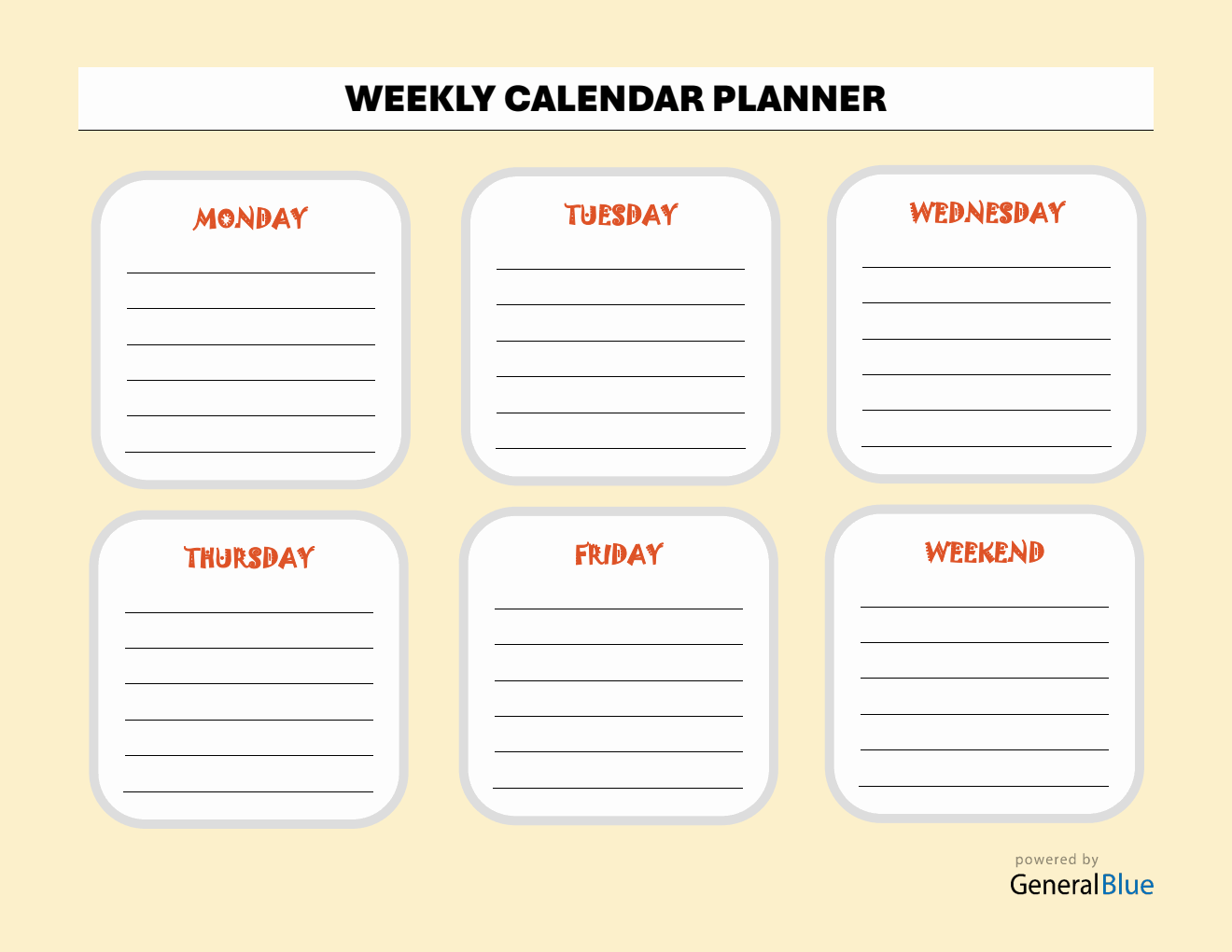 Modifiable Weekly Calendar Template in PDF Format