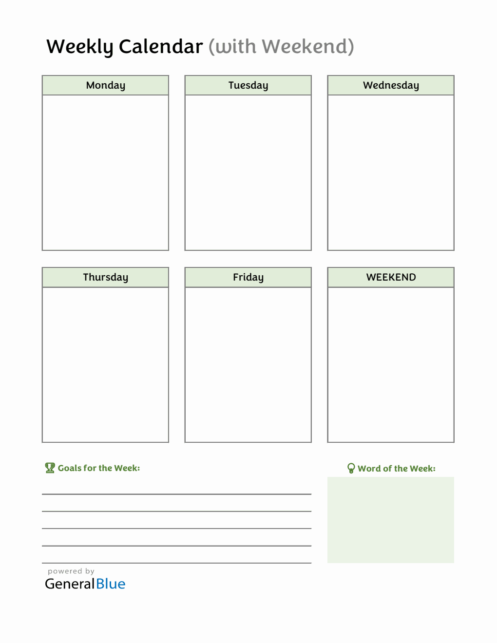  Weekly Calendar Template in Excel Spreadsheet
