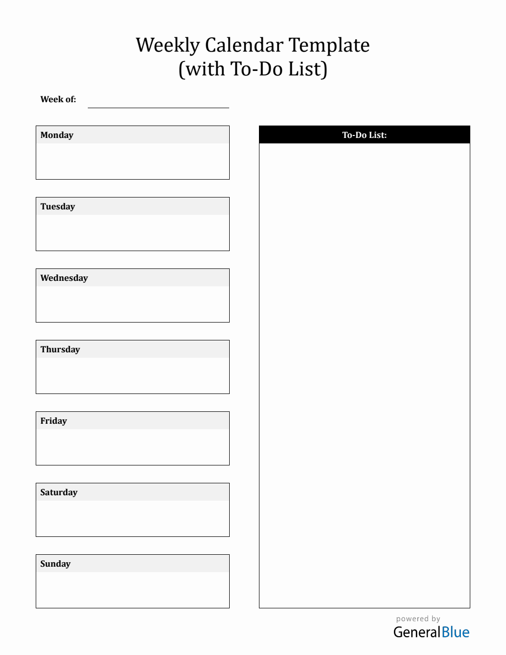 Weekly Calendar with Task List  in PDF