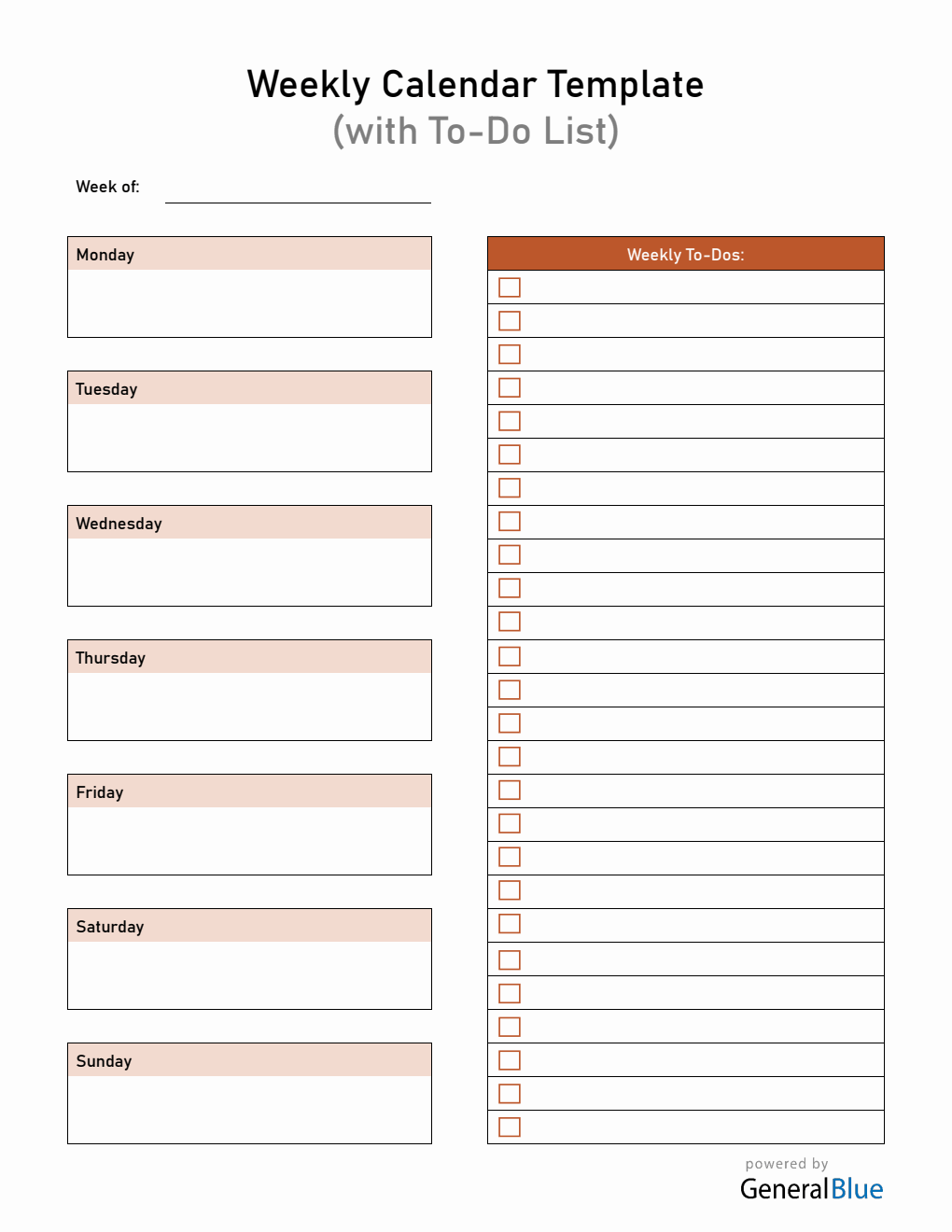 Weekly Calendar with Task List Editable in PDF