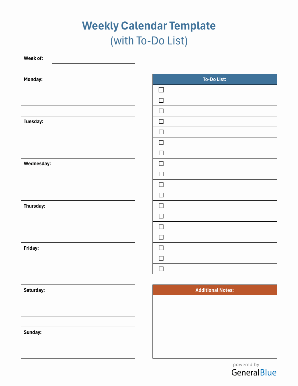 Weekly Calendar with Task List Modifiable in Word