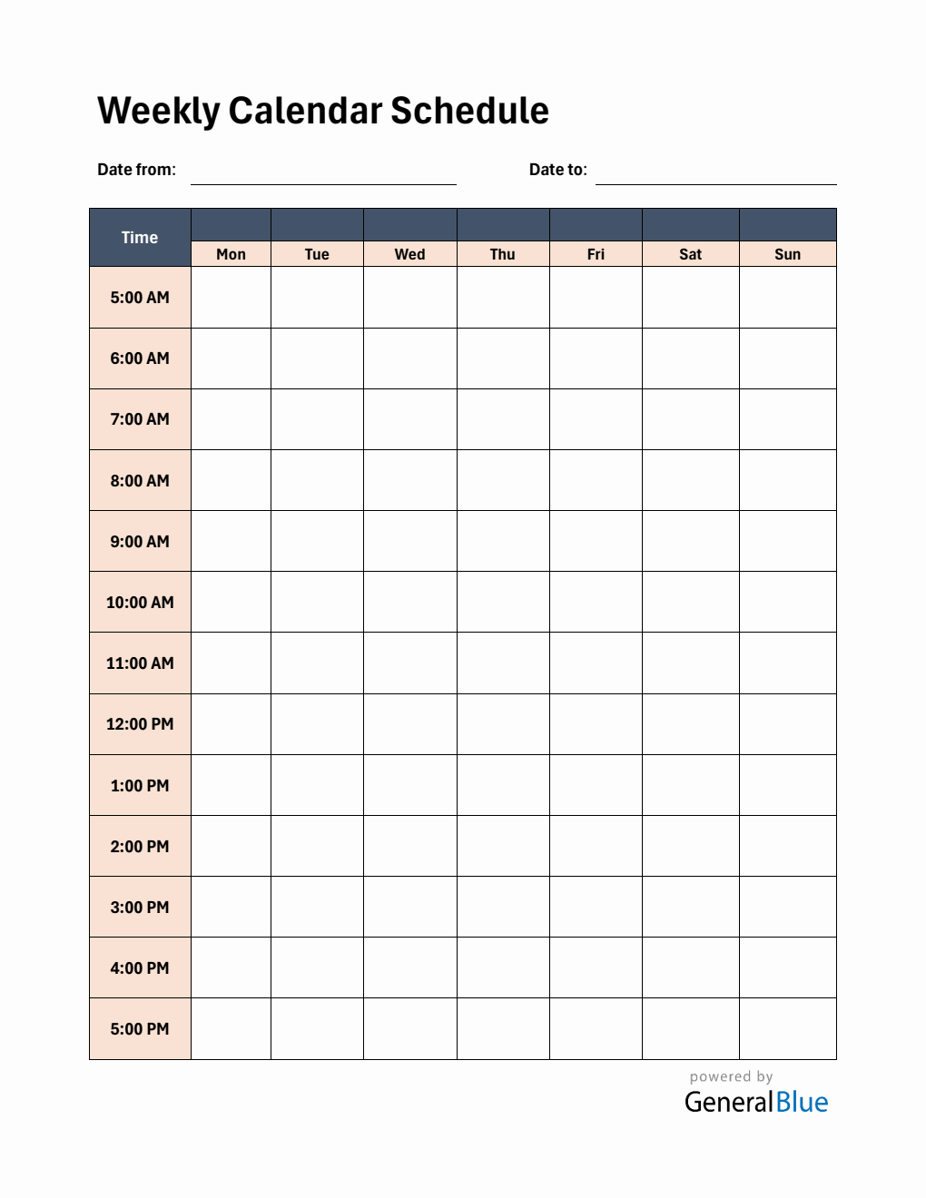 Free Weekly Calendar Template with Time Slots (5AM–5PM) in Word