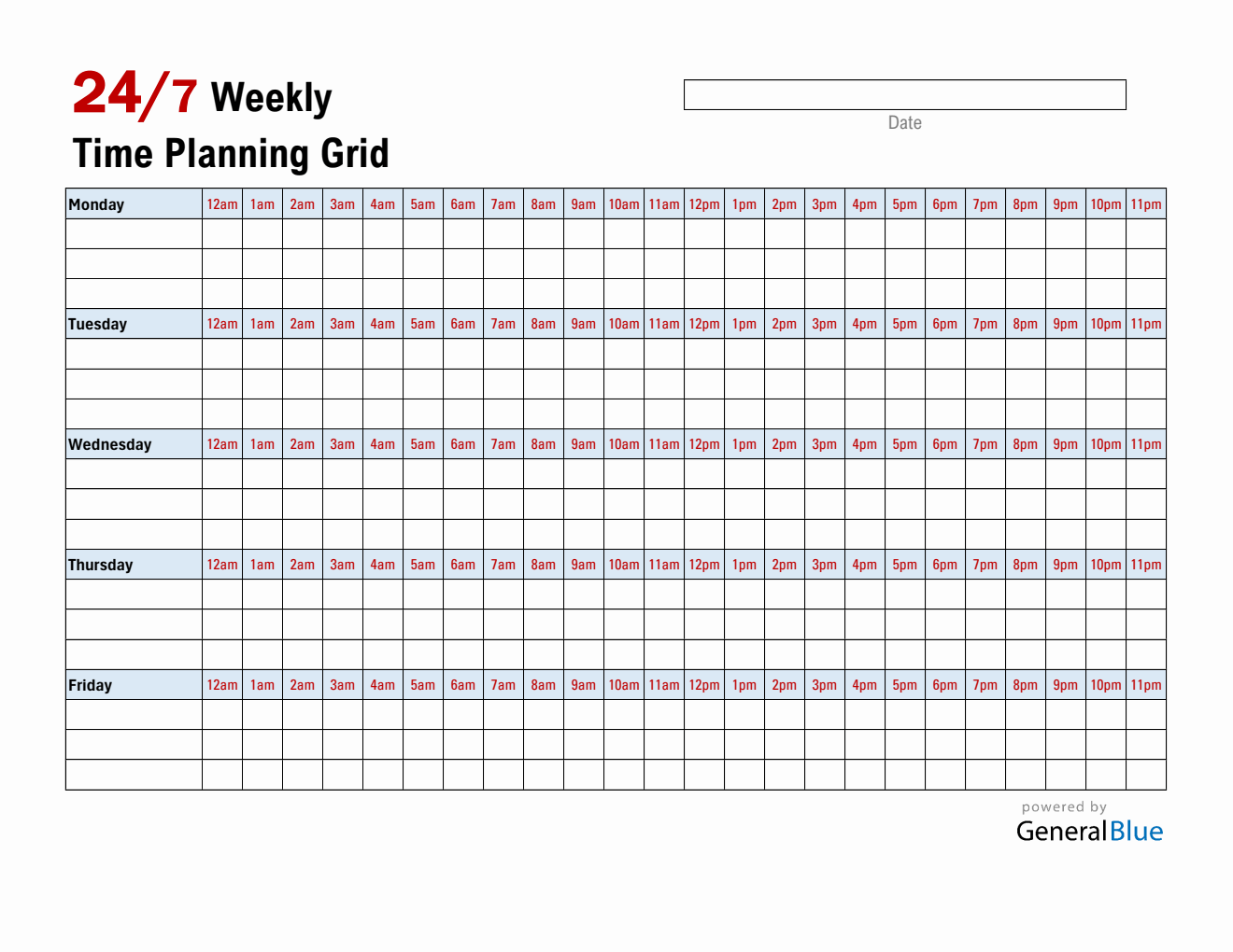 Monday-Friday Hourly Planner (24 Hours Schedule) | Download in Excel