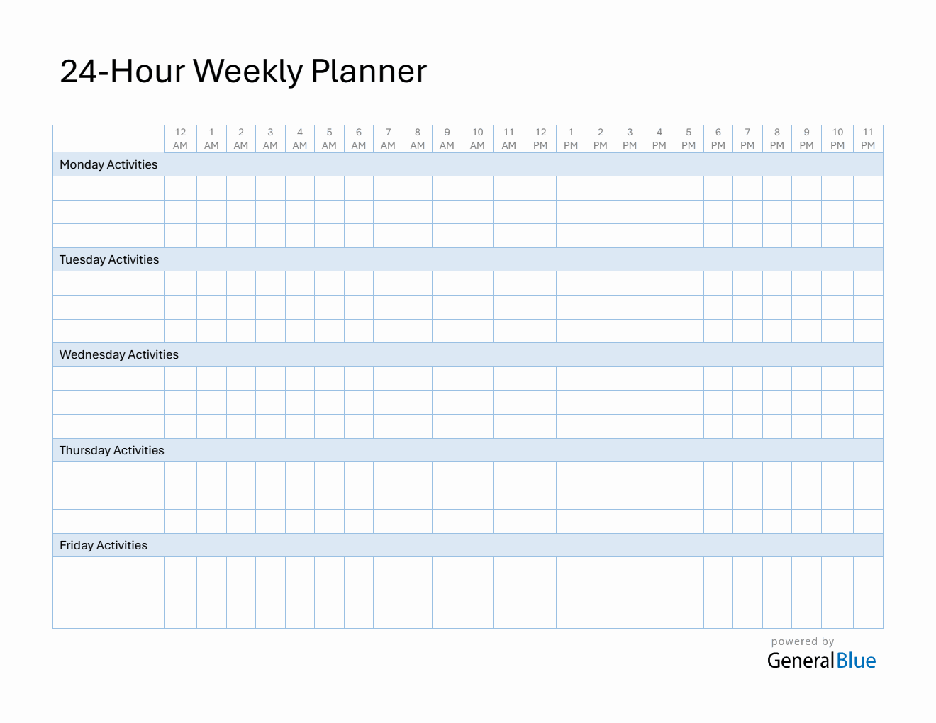 Printable Weekly Hourly Planner (24 Hours Schedule) in Microsoft Word