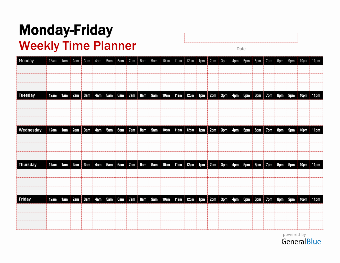  Weekly Hourly Planner (24 Hours Schedule) in Microsoft Word