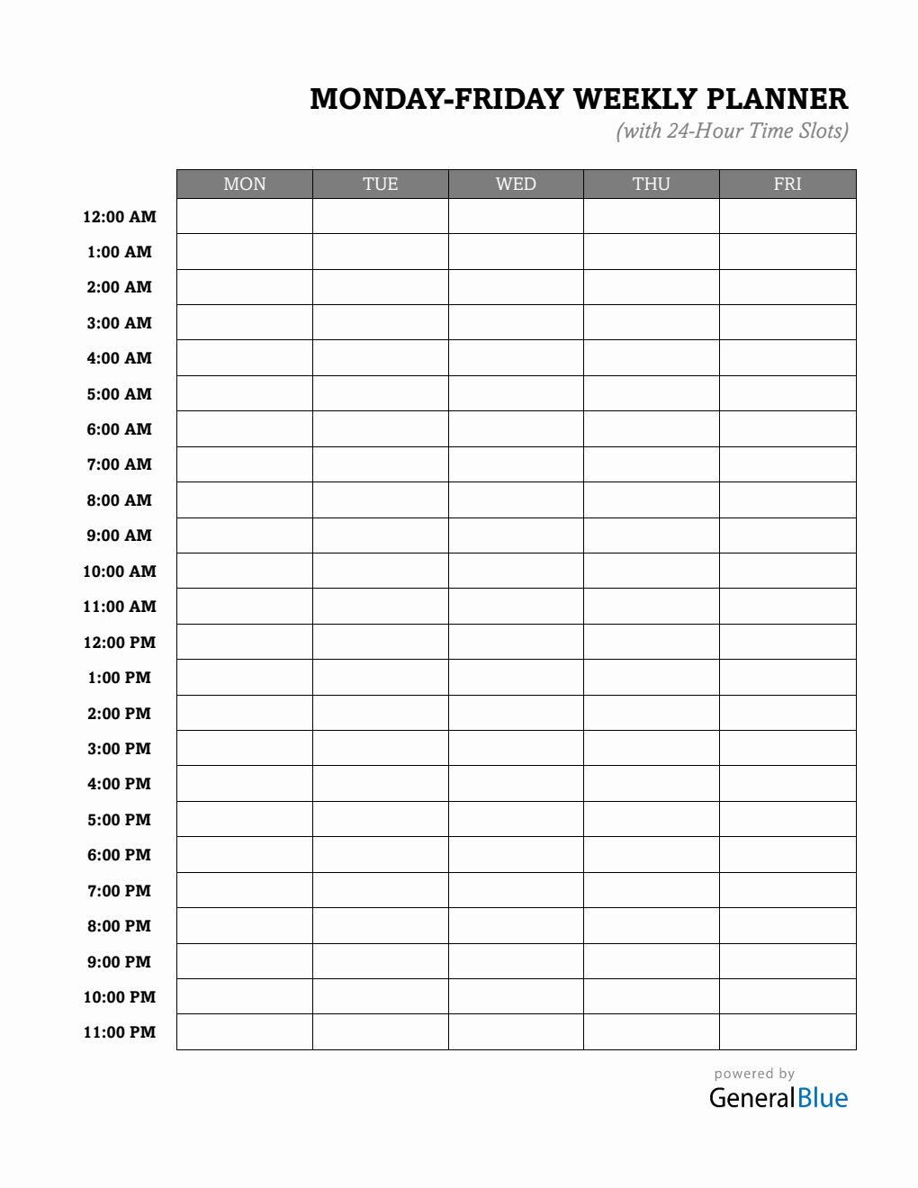 Weekly Schedule Template Word (24 Hours Time Slots)
